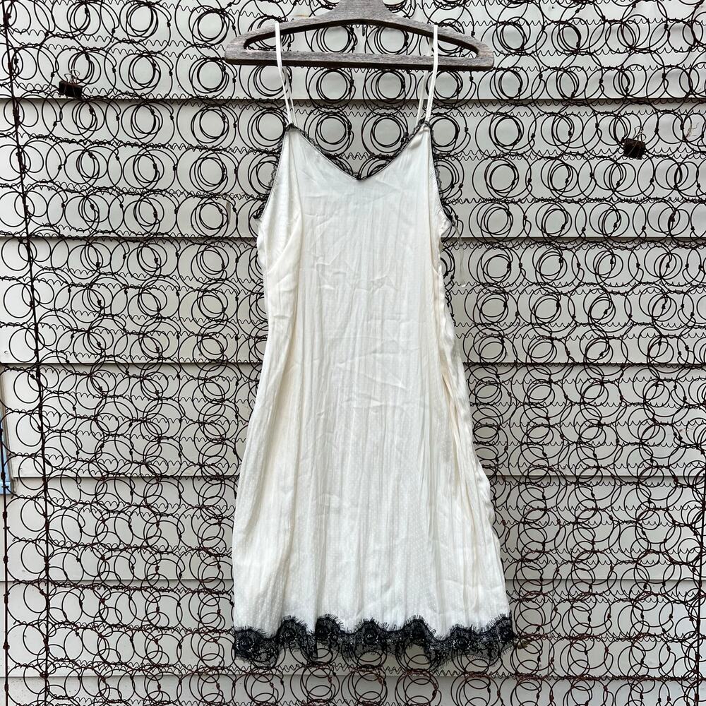 Vintage Y2K West Seal Strappy Slip Dress Cream Slinky Dot Black Lace Trim MEDIUM